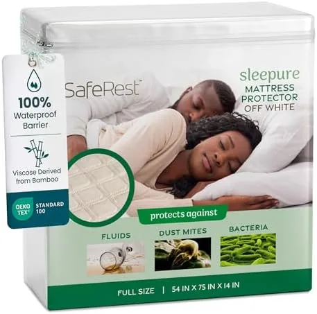saferest sleepure waterproof mattress protector full size viscose derived from bamboo fitted with stretchable pockets machine washable cotton full mattress cover for bed
