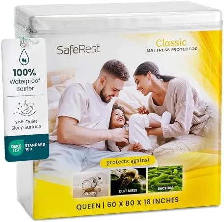 saferest waterproof mattress protector queen size absorbent breathable soft fitted bed cover with 18 deep stretchable pockets machine washable queen mattress cover